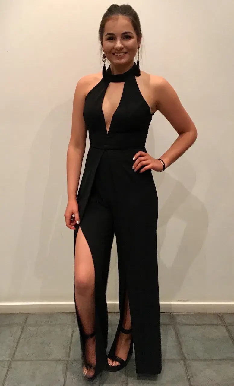 Seduce Plunge Neck Jumpsuit Black Size 8 for rent on The Volte - main image