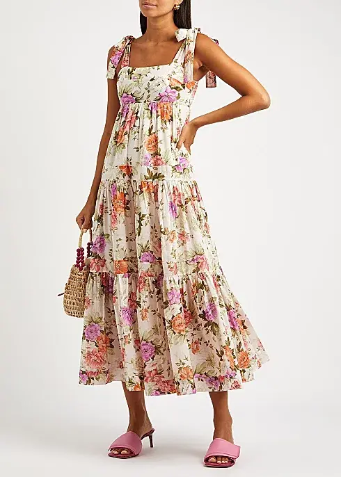 Zimmermann Pattie Floral Print Cotton Midi Dress Cream Floral Size 4 - Image 1