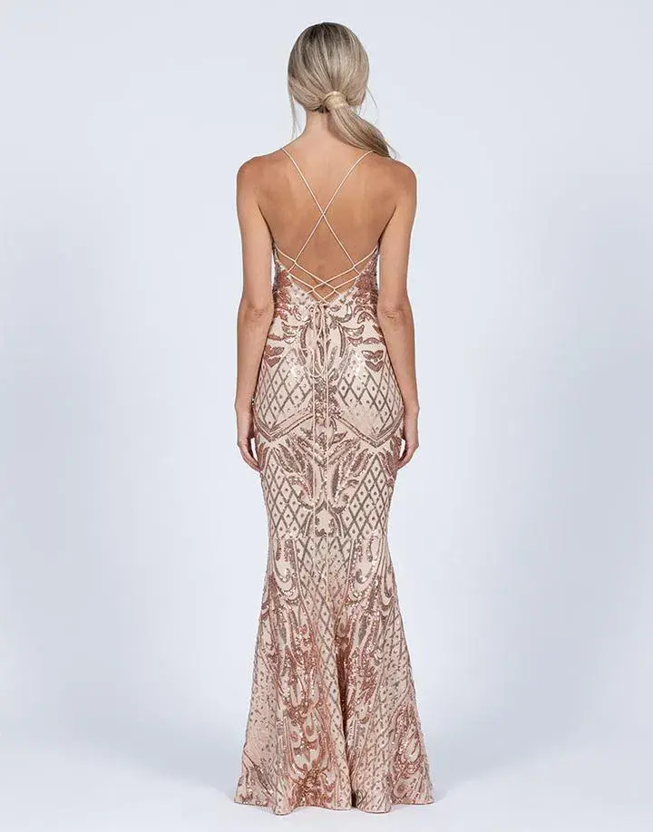 Bariano Serpentine Scoop Gown Gold Sequin Size 10 - Image 2