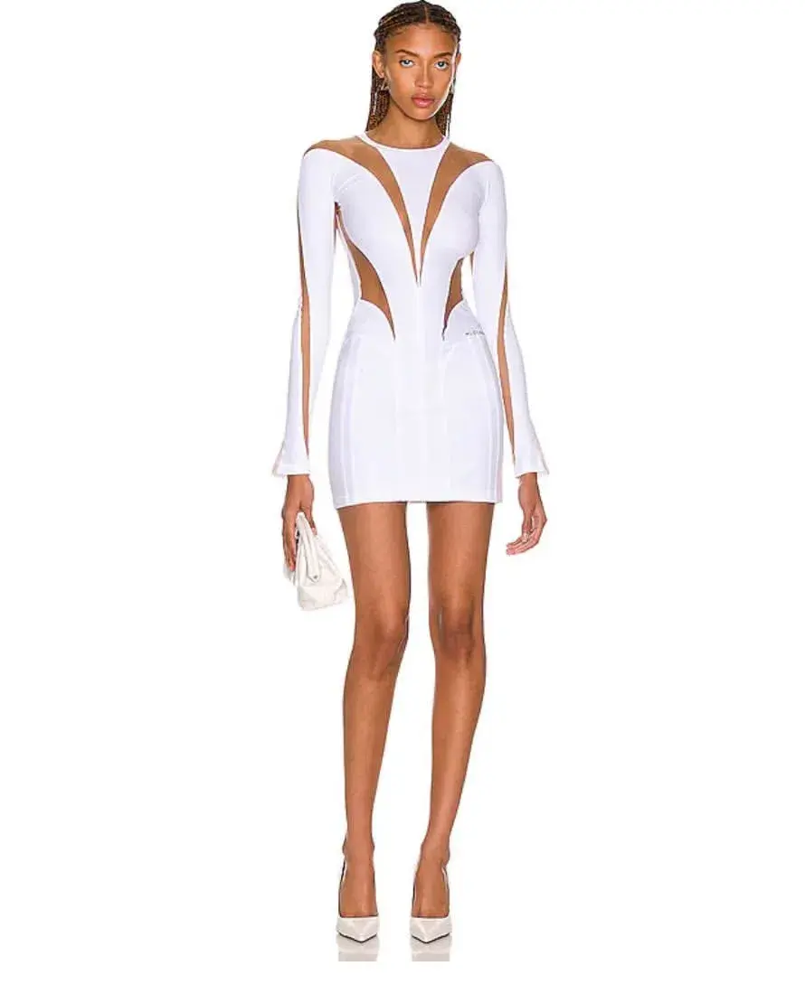 Mugler Logo Plaque Sheer Panel Dress White Size 8 - Image 1