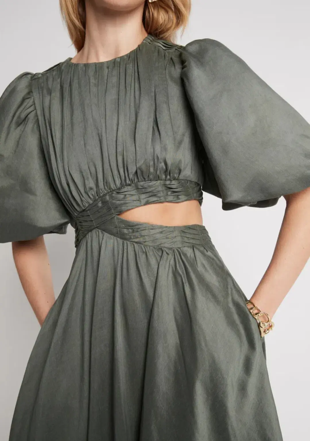Aje Tidal Tucked Cut Out Midi Dress Green Size 8 - Image 2