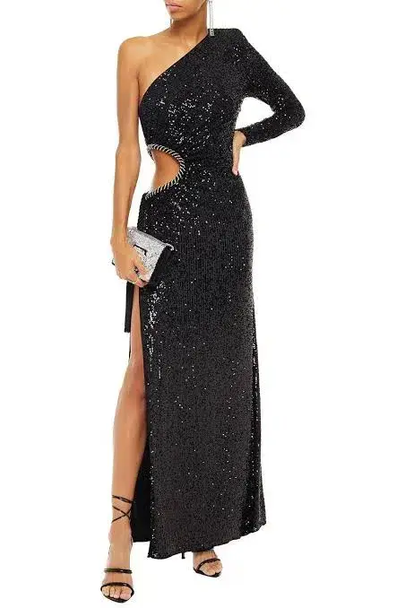 Dundas One Shoulder Cut Out Sequined Tulle Gown Black Size 8 - Image 1