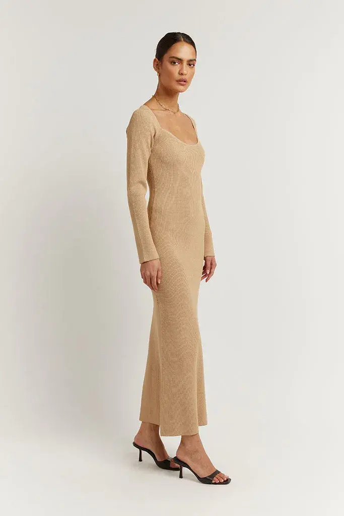 Dissh Stride Warm Wheat Knit Midi Dress Beige Size 8 - Image 4