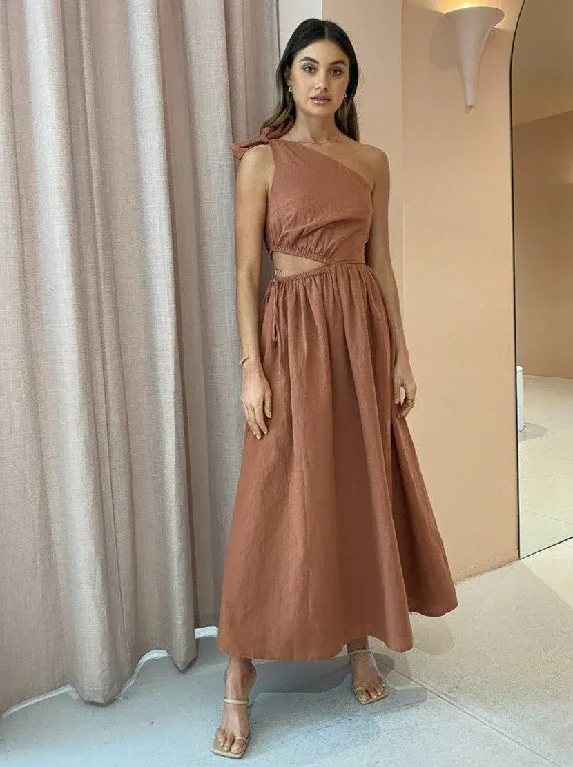 By Nicola Gabriella One Shoulder Midi Dress Desert Brown Size 6 - Image 1