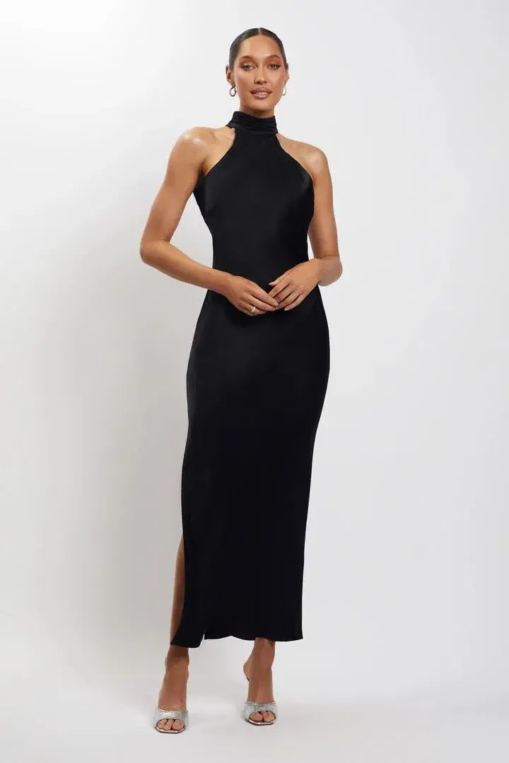 Meshki Claire Satin Drape Back Maxi Dress Black Size 8 - Image 1