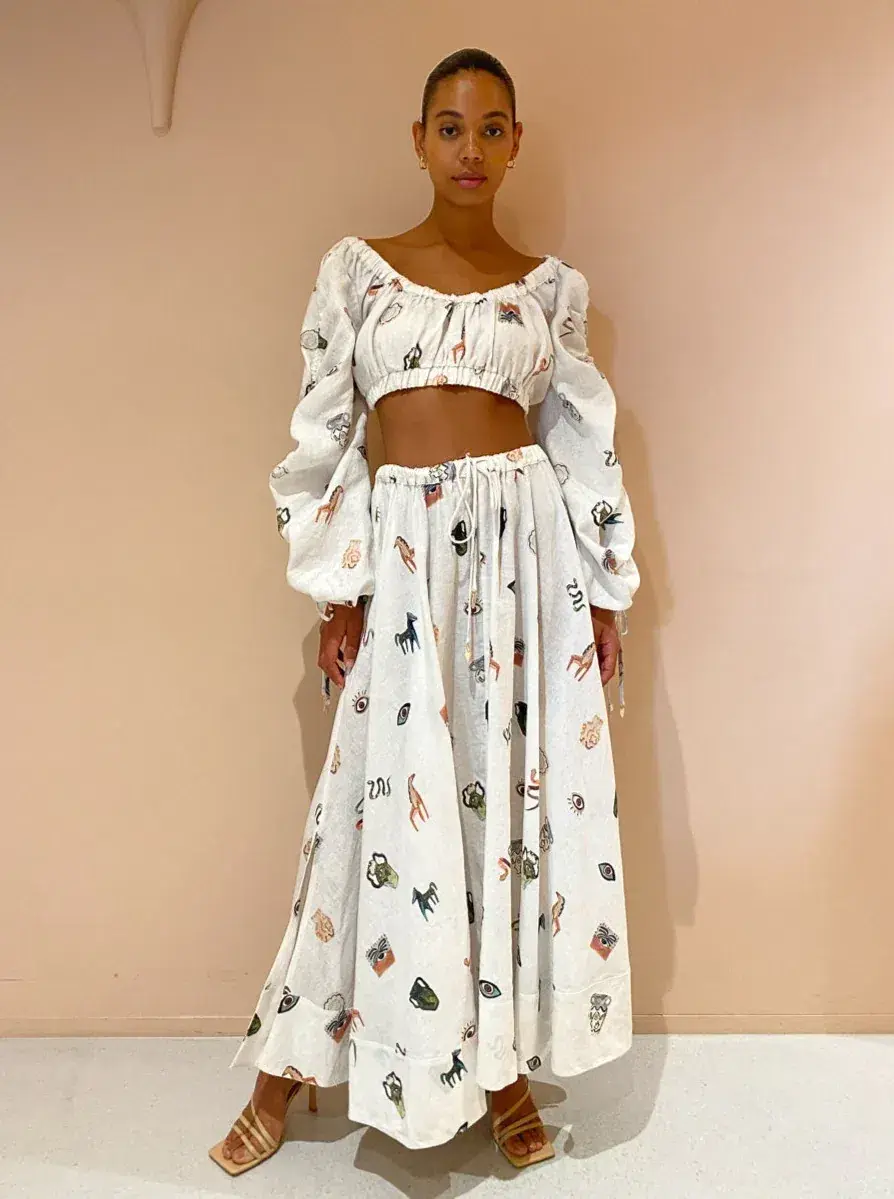 Alemais Hera Drawstring Top and Midi Skirt Set Ivory Size 8 - Image 1