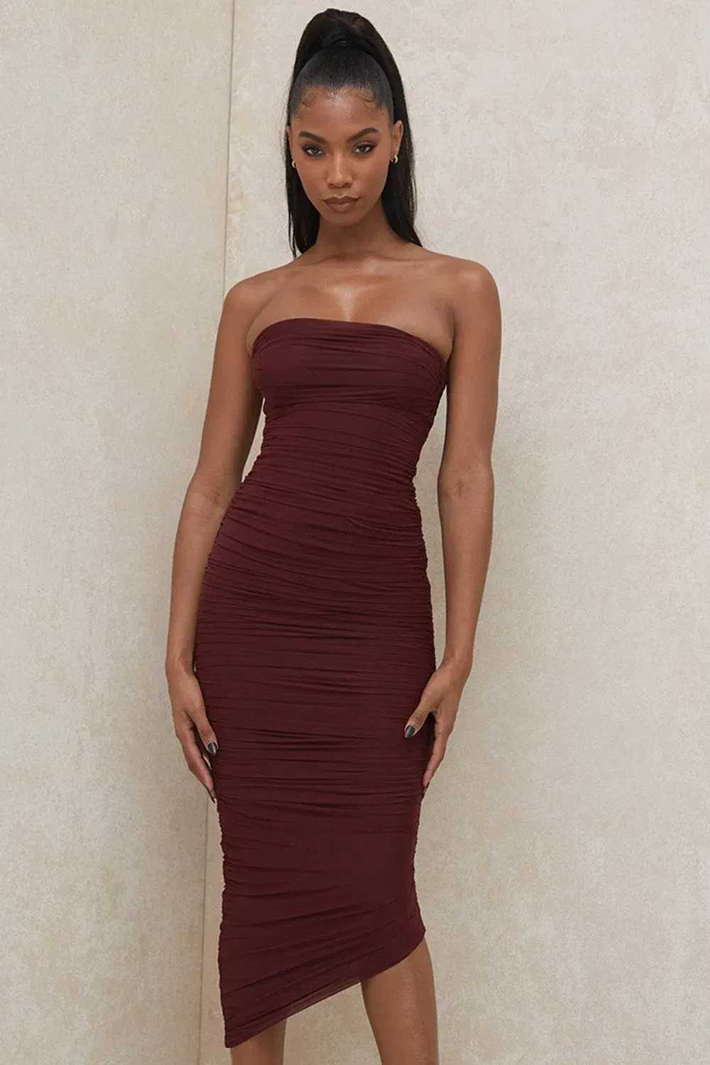 House of CB Sasha Strapless Ruched Midi Dress Brown Size 6 for rent on The Volte - main image