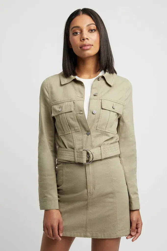 Kookai Dublin Belted D-Ring Jacket in Moss Gray Green Size 10 - Image 1