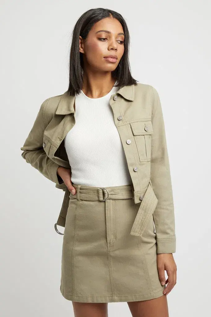 Kookai Dublin Belted D-Ring Jacket in Moss Gray Green Size 10 for rent on The Volte - main image