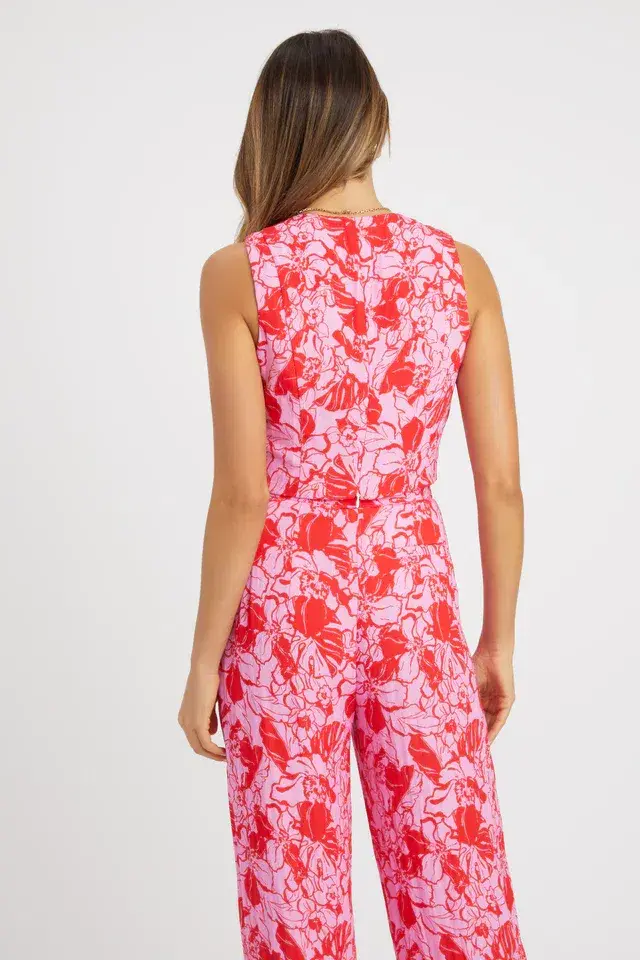 Kookai Tiah Knot Top And Pant Set Red Floral Print Size 8 - Image 3