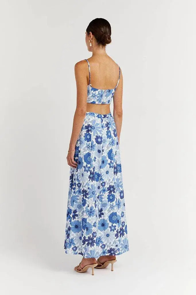 Dissh Lori Bloom Linen Curve Crop Top and Skirt Set Blue Size 8 for rent on The Volte - main image