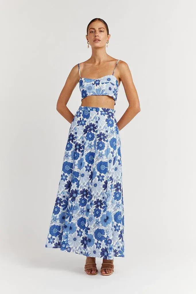 Dissh Lori Bloom Linen Curve Crop Top and Skirt Set Blue Size 8 for rent on The Volte - main image