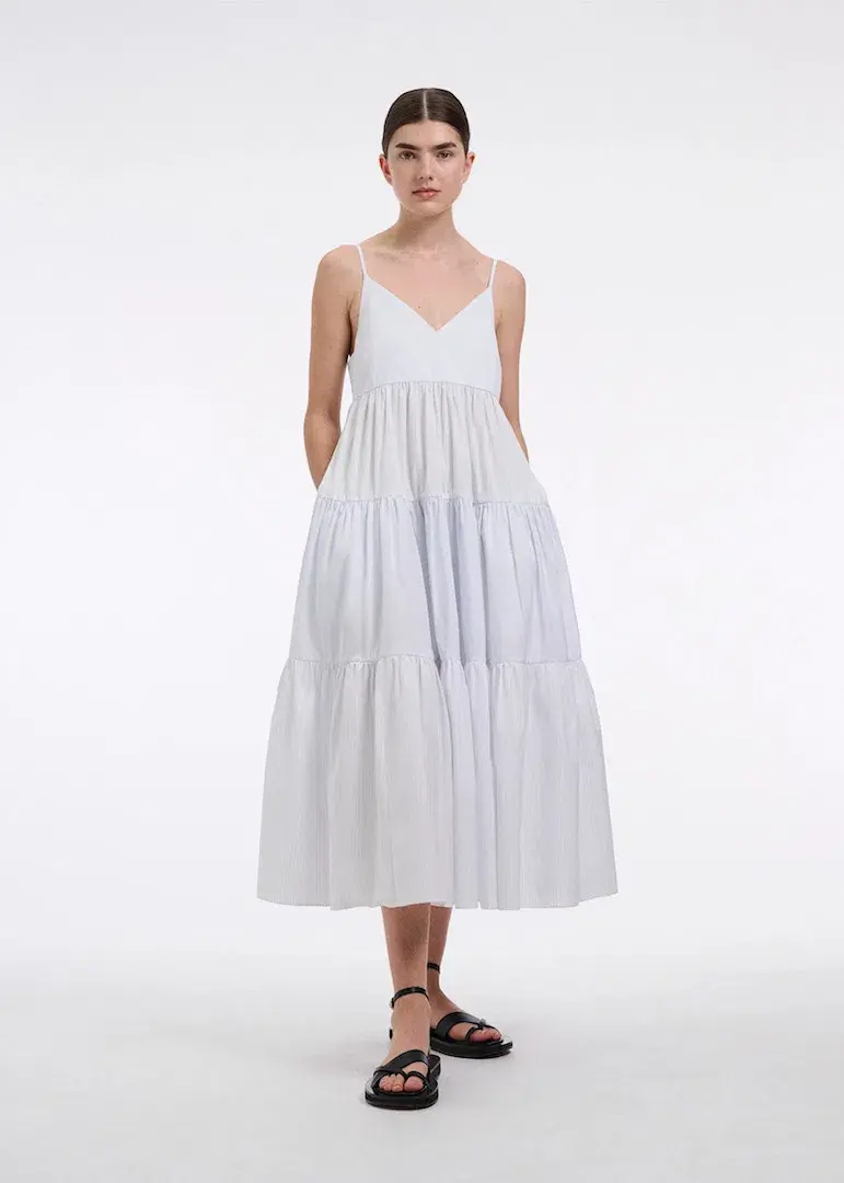 CO Collections V-Neck Tiered Dress in Cotton Blue Stripe Size S / AU 6  - Image 1