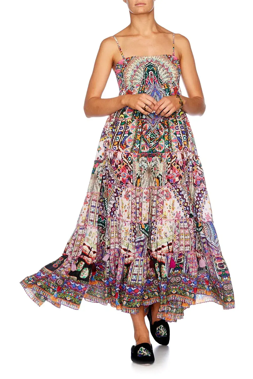 Camilla Long Sleeve Drop Shoulder Top Size XS & Tiered Hem Maxi Skirt Size L Set in Kalbelia Queen Pink Print - Image 6