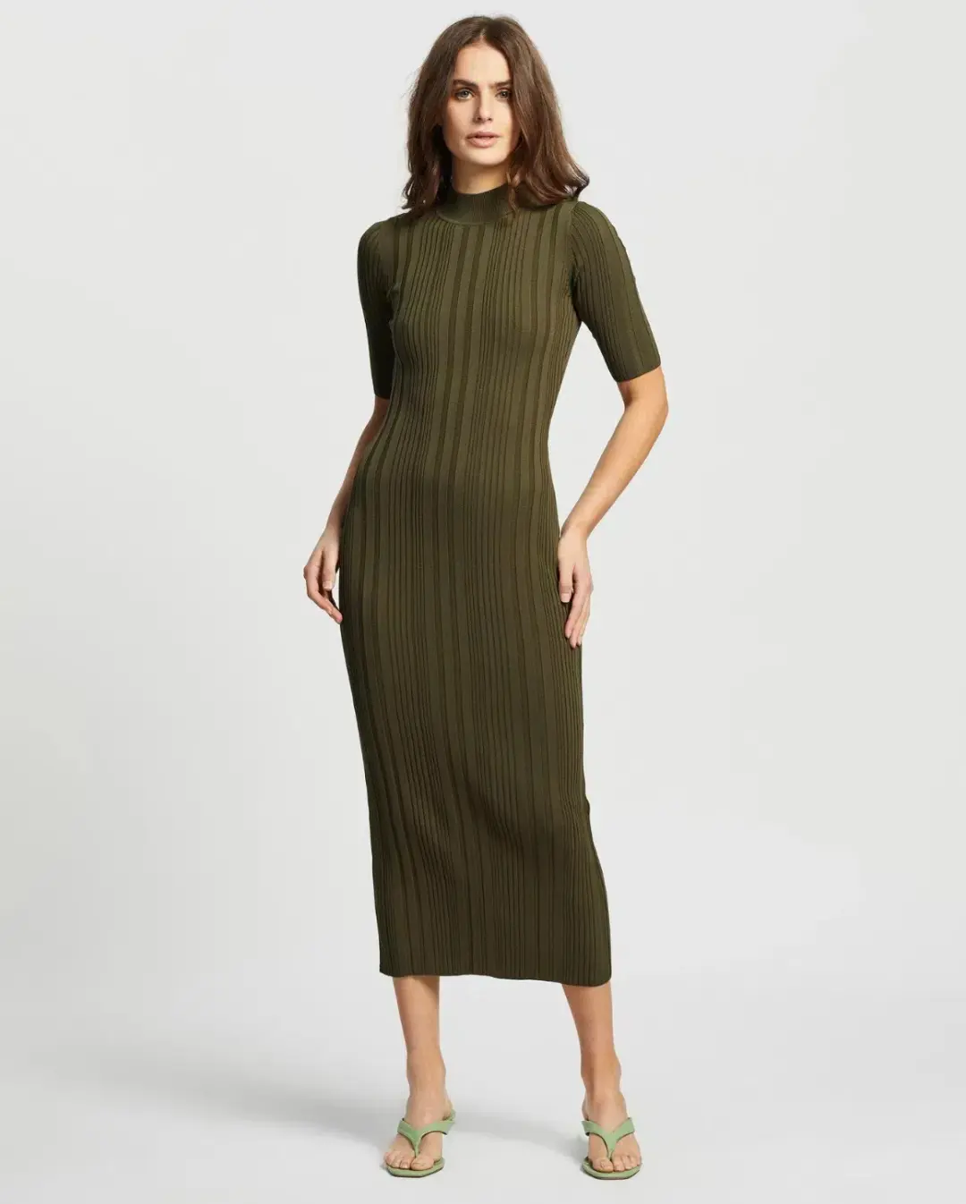 Bec & Bridge Esme Knit Midi Dress Olive Size 12 for rent on The Volte - main image