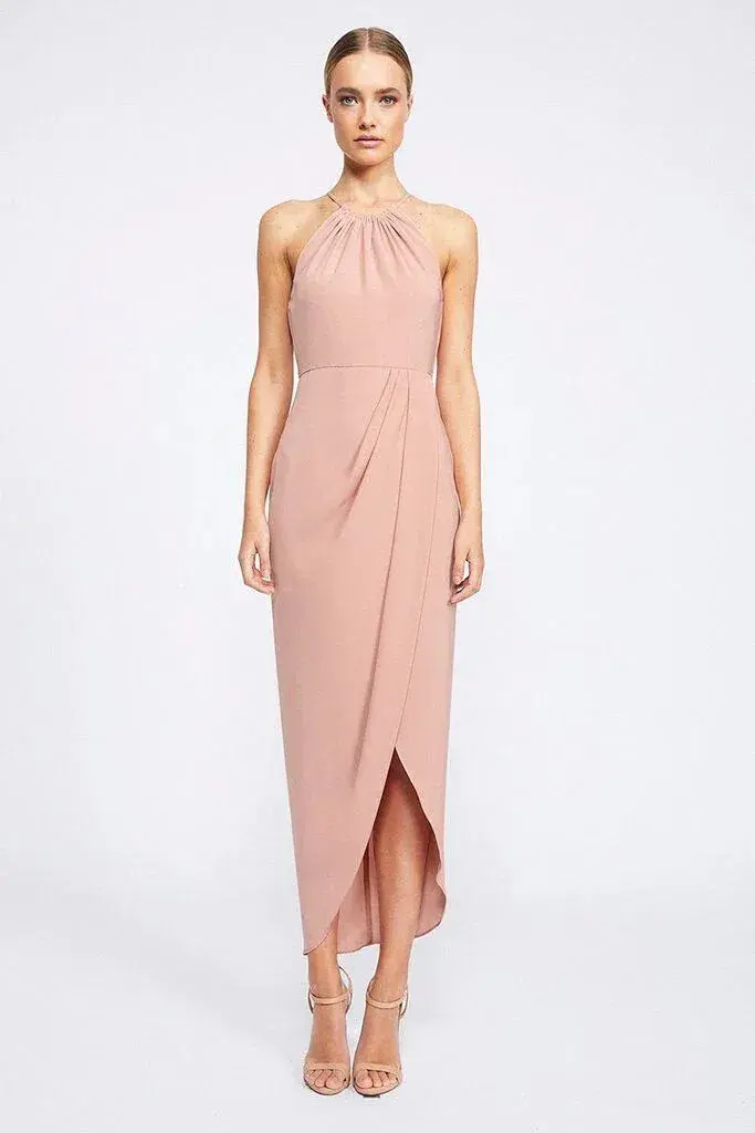 Shona Joy The Annalise  High Neck Ruched Dress Dusty Pink Size 6 for rent on The Volte - main image