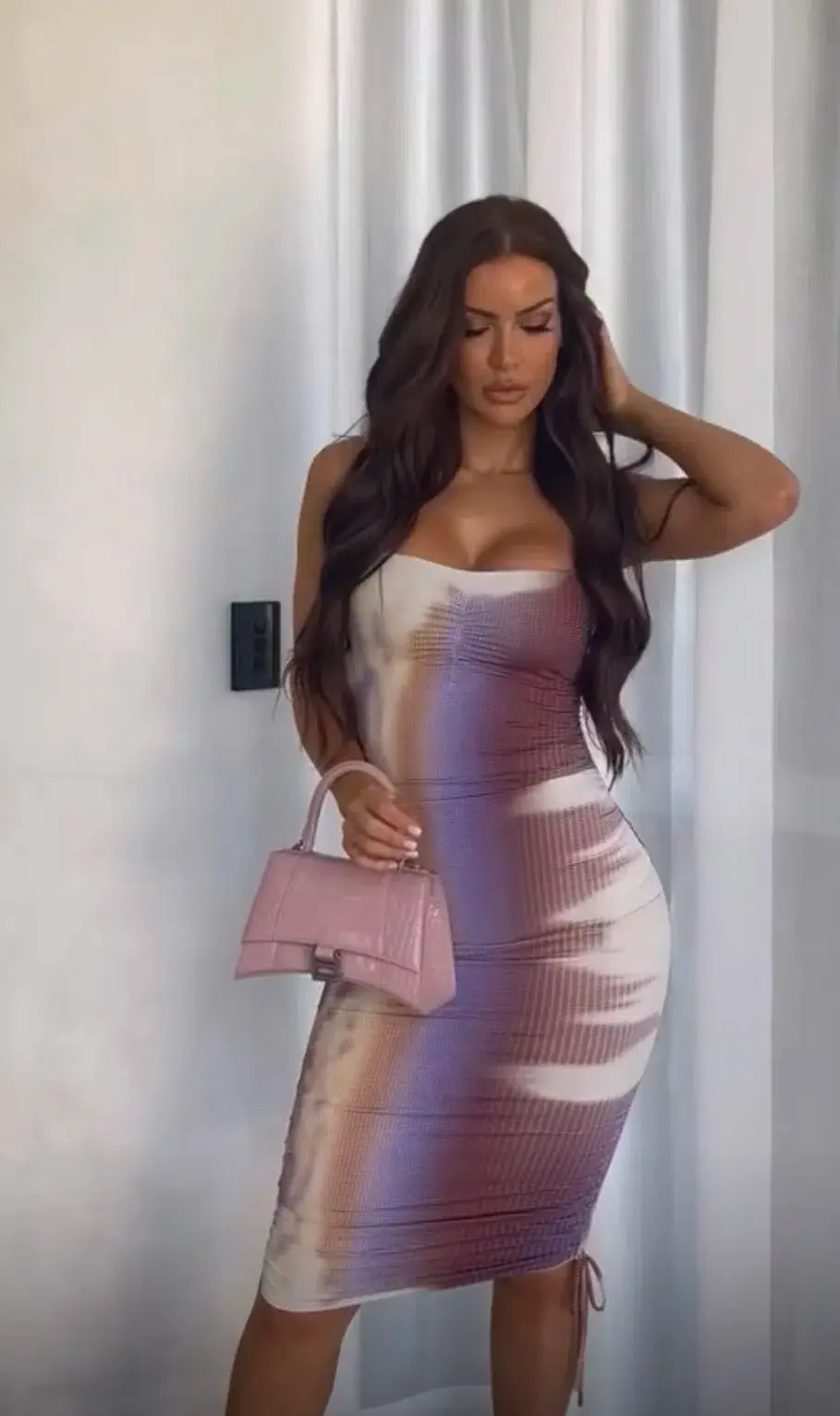 Priscavera Ruched Printed Dress Sandstorm Size 6  for rent on The Volte - main image