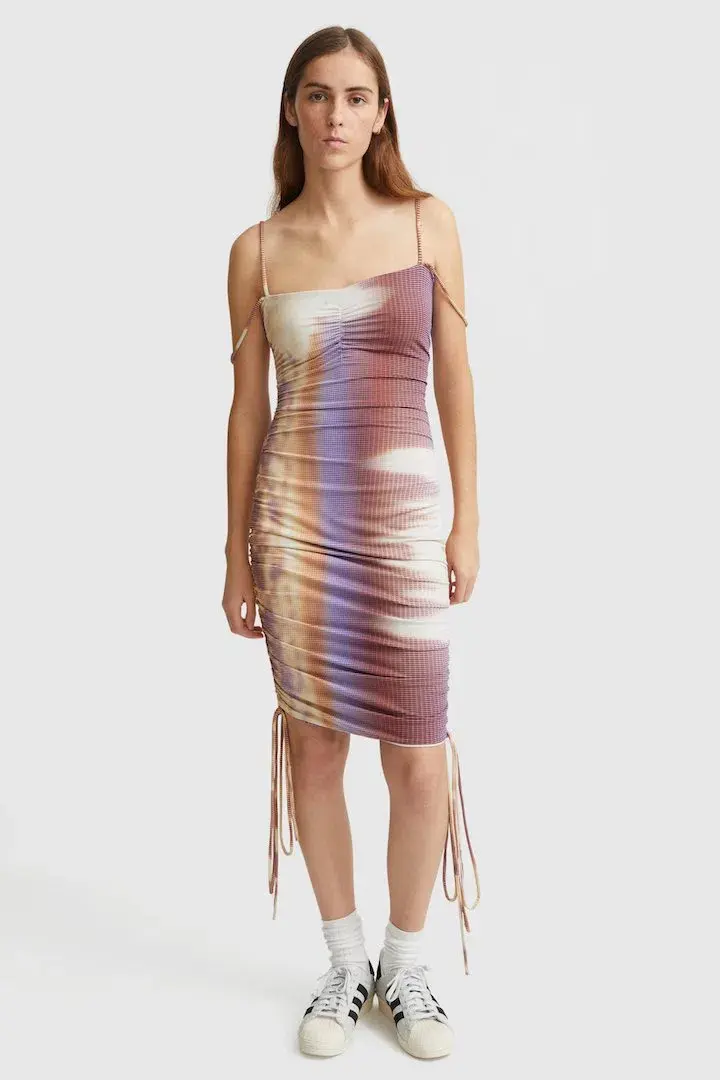 Priscavera Ruched Printed Dress Sandstorm Size 6  for rent on The Volte - main image