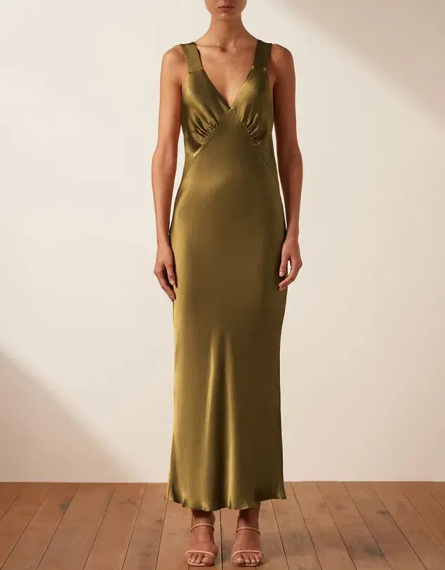 Shona Joy Giorgia Plunged Midi Dress Olive Oil Size 6 for rent on The Volte - main image