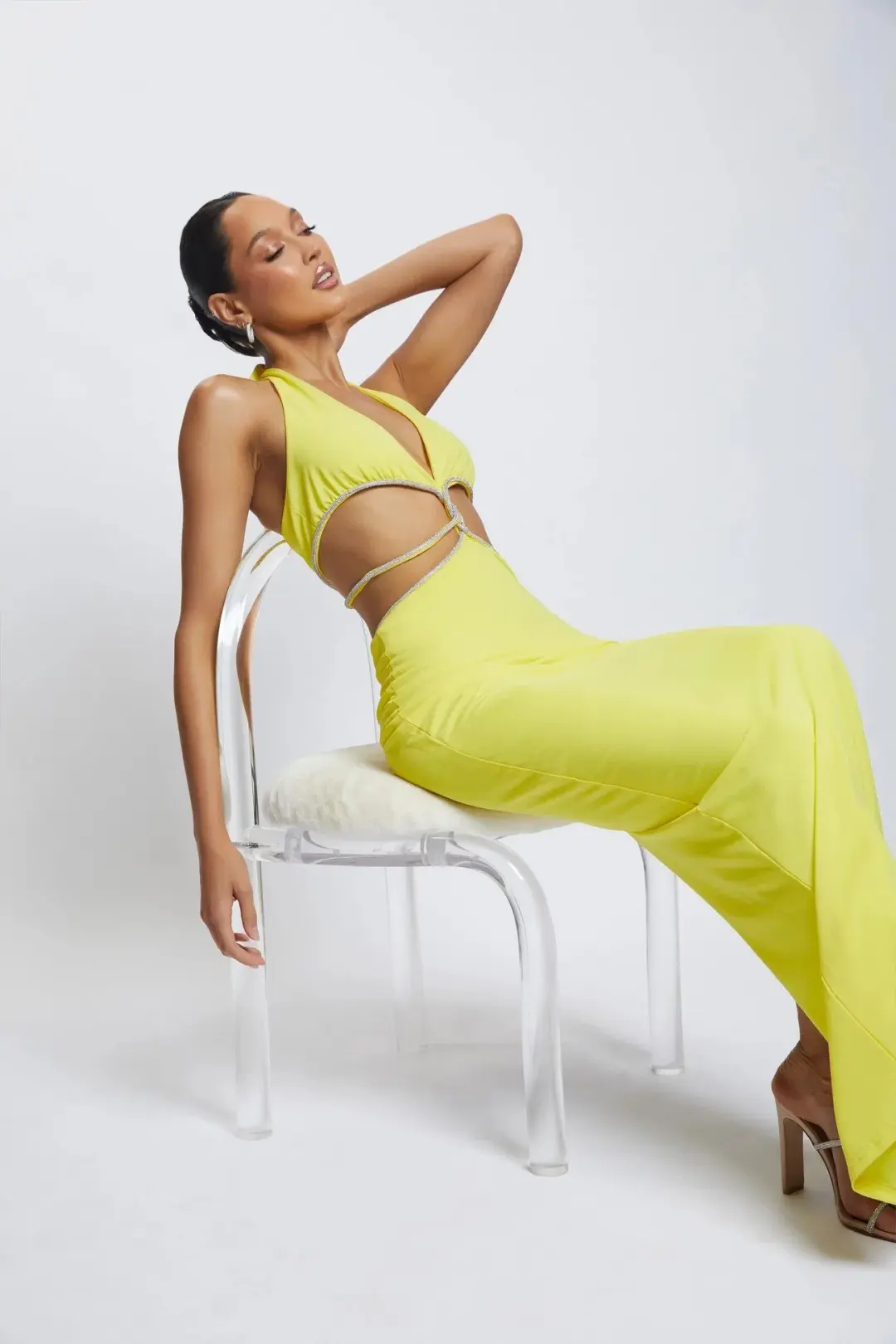 Meshki The Nicha Diamante Cut Out Midi Dress Yellow Size 6 for rent on The Volte - main image