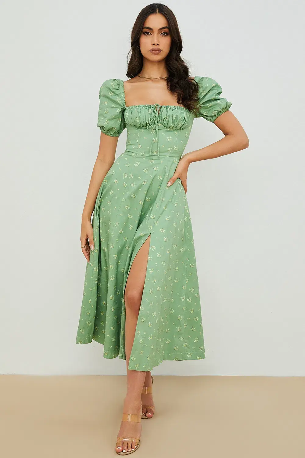House of CB Tallulah Floral Puff Sleeve Midi Dress Olive Green Size M / Au 10 - Image 1