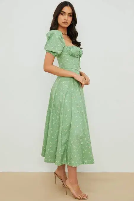 House of CB Tallulah Floral Puff Sleeve Midi Dress Olive Green Size M / Au 10 - Image 2