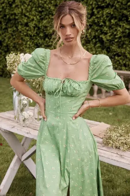 House of CB Tallulah Floral Puff Sleeve Midi Dress Olive Green Size M / Au 10 - Image 5