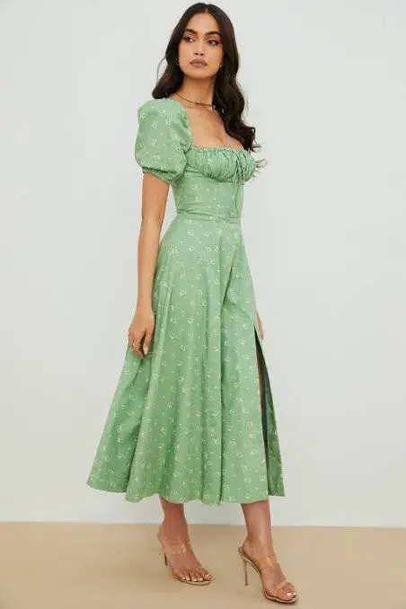 House of CB Tallulah Floral Puff Sleeve Midi Dress Olive Green Size M / Au 10 - Image 4