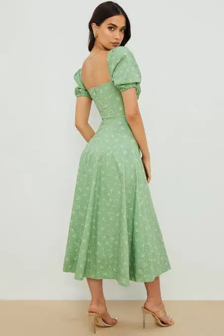 House of CB Tallulah Floral Puff Sleeve Midi Dress Olive Green Size M / Au 10 - Image 3