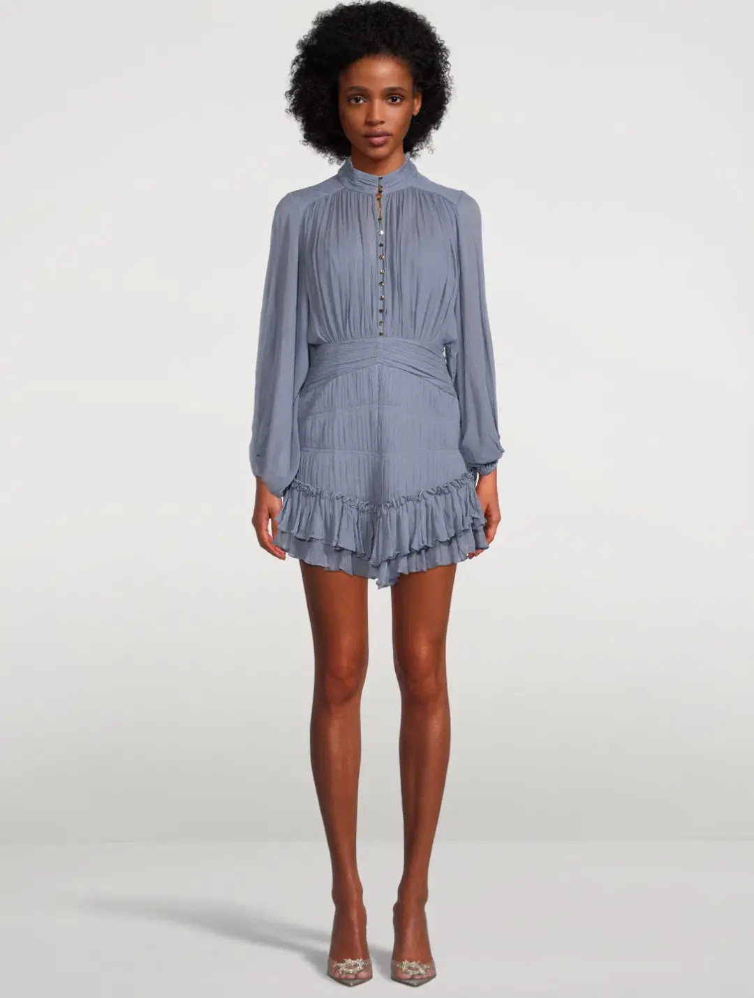 Shona Joy Kayla Button Up Ruched Mini Dress Blue Smoke Size 10  for rent on The Volte - main image