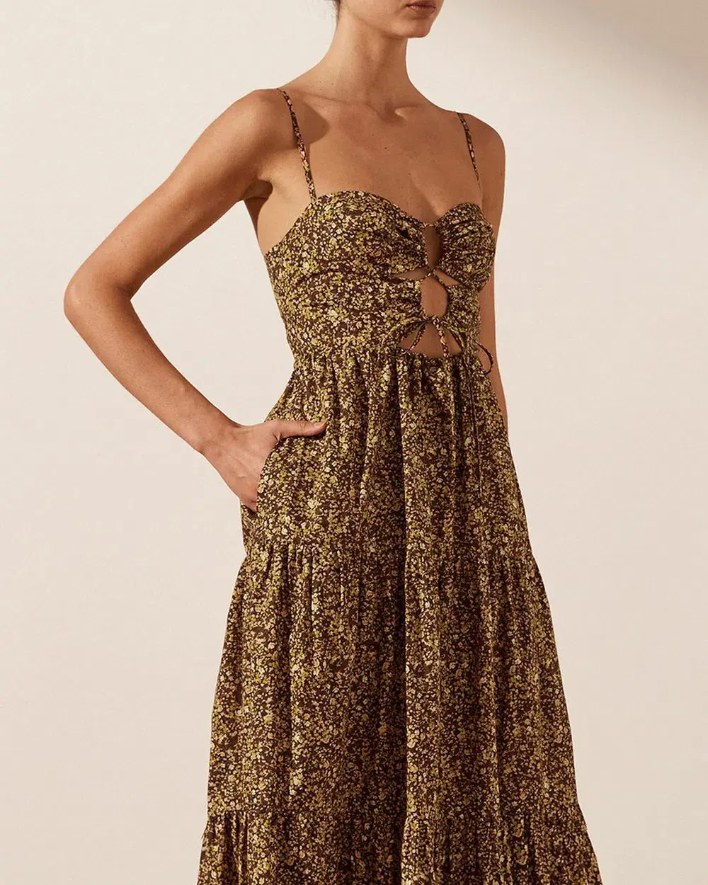 Shona Joy Lilou Lace Up Backless Midi Dress Mimosa Size 10 for rent on The Volte - main image