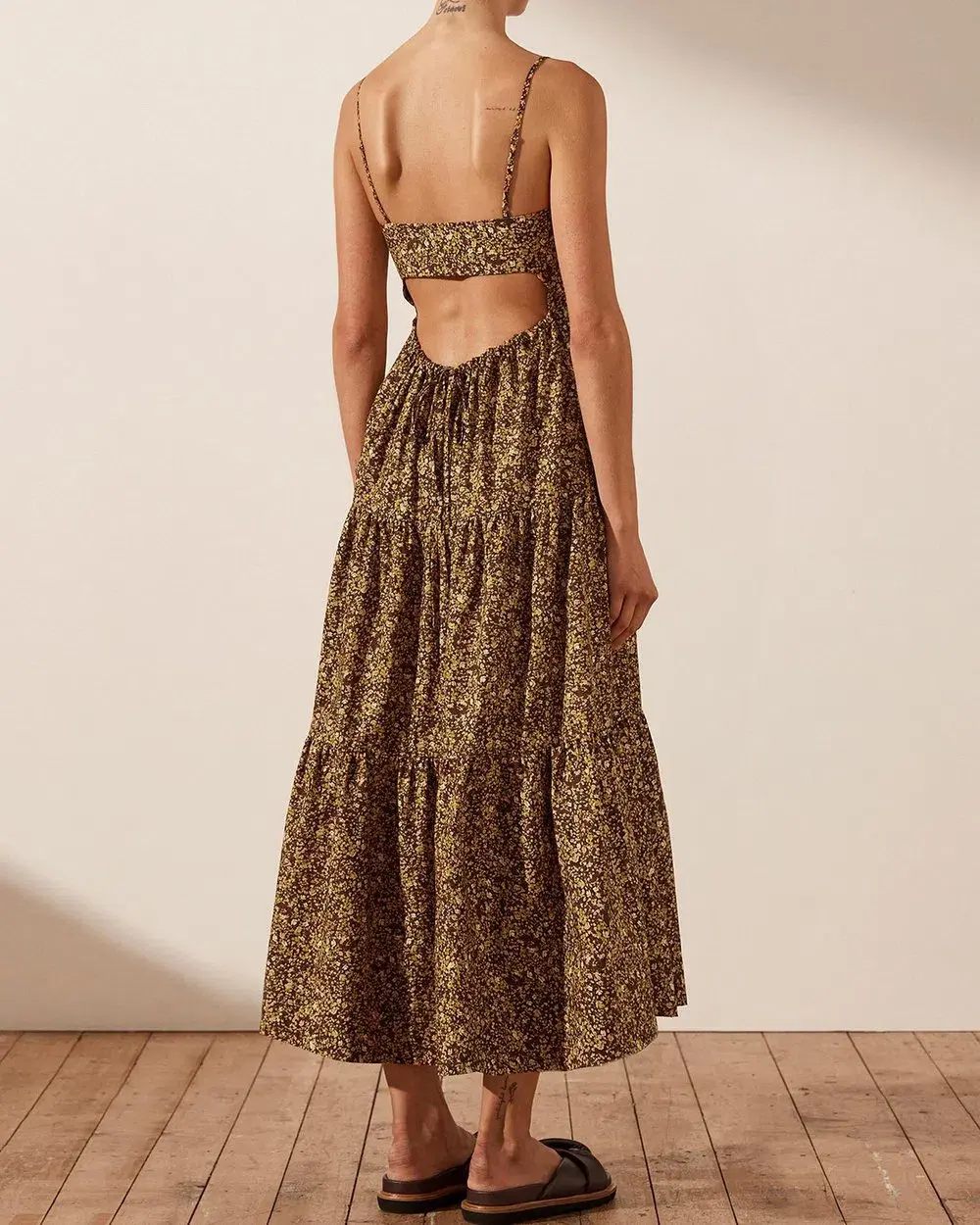 Shona Joy Lilou Lace Up Backless Midi Dress Mimosa Size 10 for rent on The Volte - main image