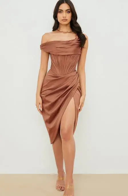 House of CB Lulu Toffee Asymmetric Drape Midi Corset Dress Brown Size 10 for rent on The Volte - main image