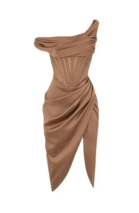 House of CB Lulu Toffee Asymmetric Drape Midi Corset Dress Brown Size 10 for rent on The Volte - main image