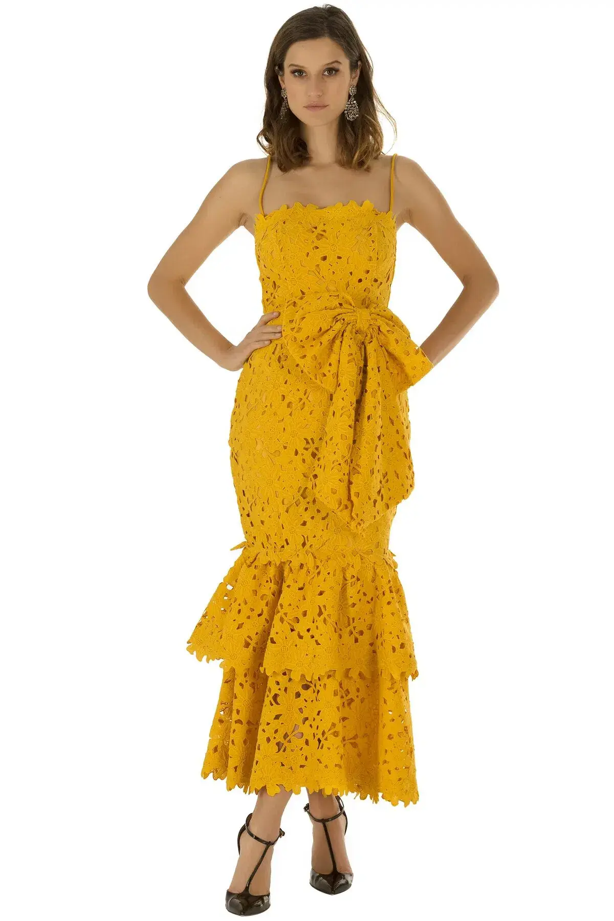 Bambah Double Ruffle Lace Midi Dress Yellow Size 12  - Image 1