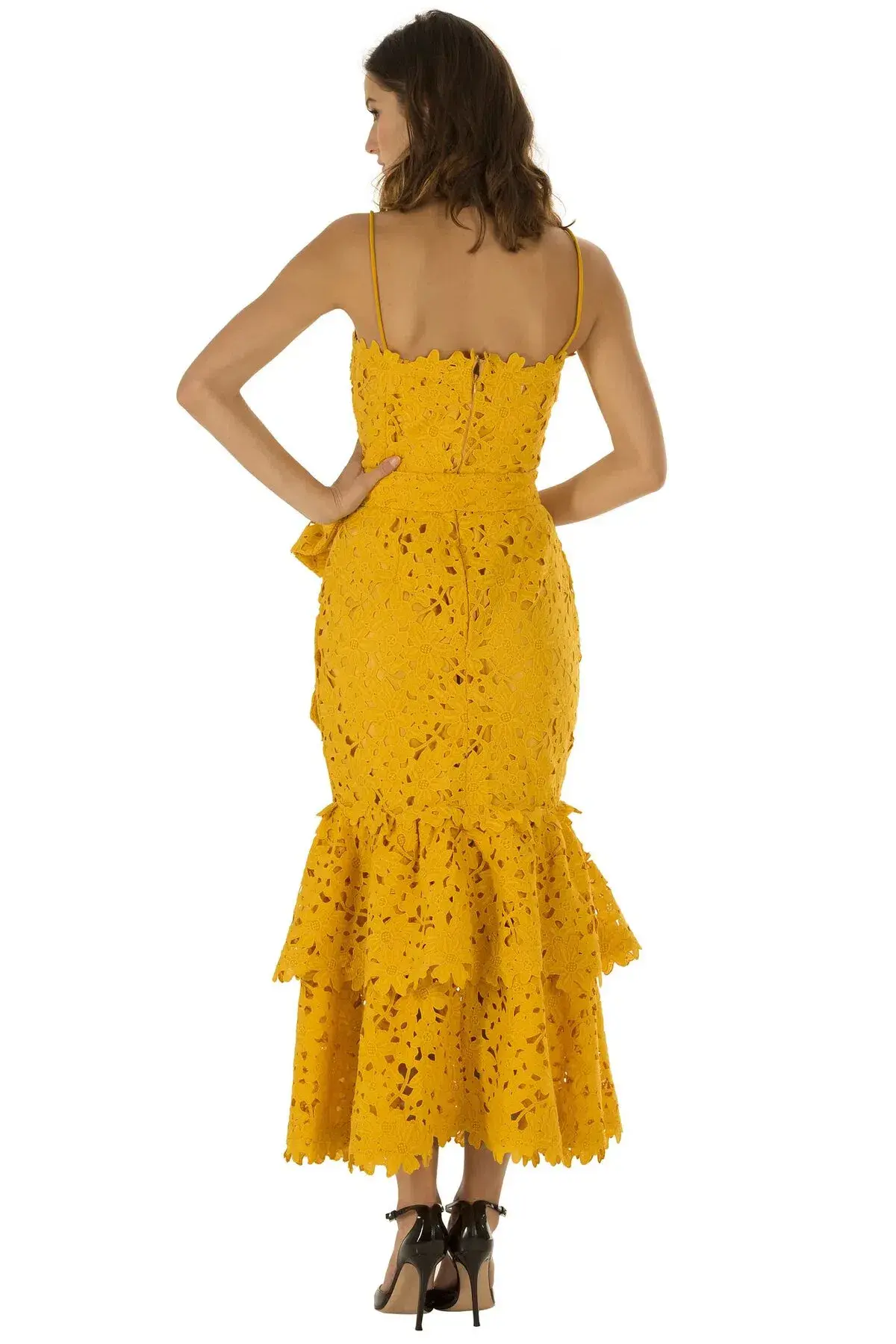 Bambah Double Ruffle Lace Midi Dress Yellow Size 12  - Image 2