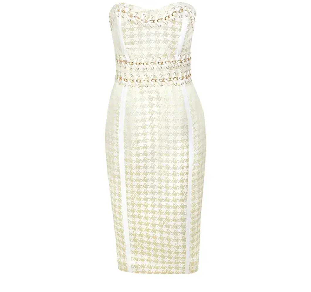 House Of CB Domenica Houndstooth and Chain Midi Dress Gold Cream Size XS / Au 6 - Image 4