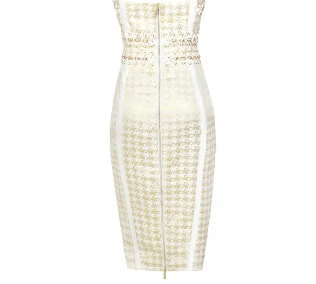 House Of CB Domenica Houndstooth and Chain Midi Dress Gold Cream Size XS / Au 6 - Image 5