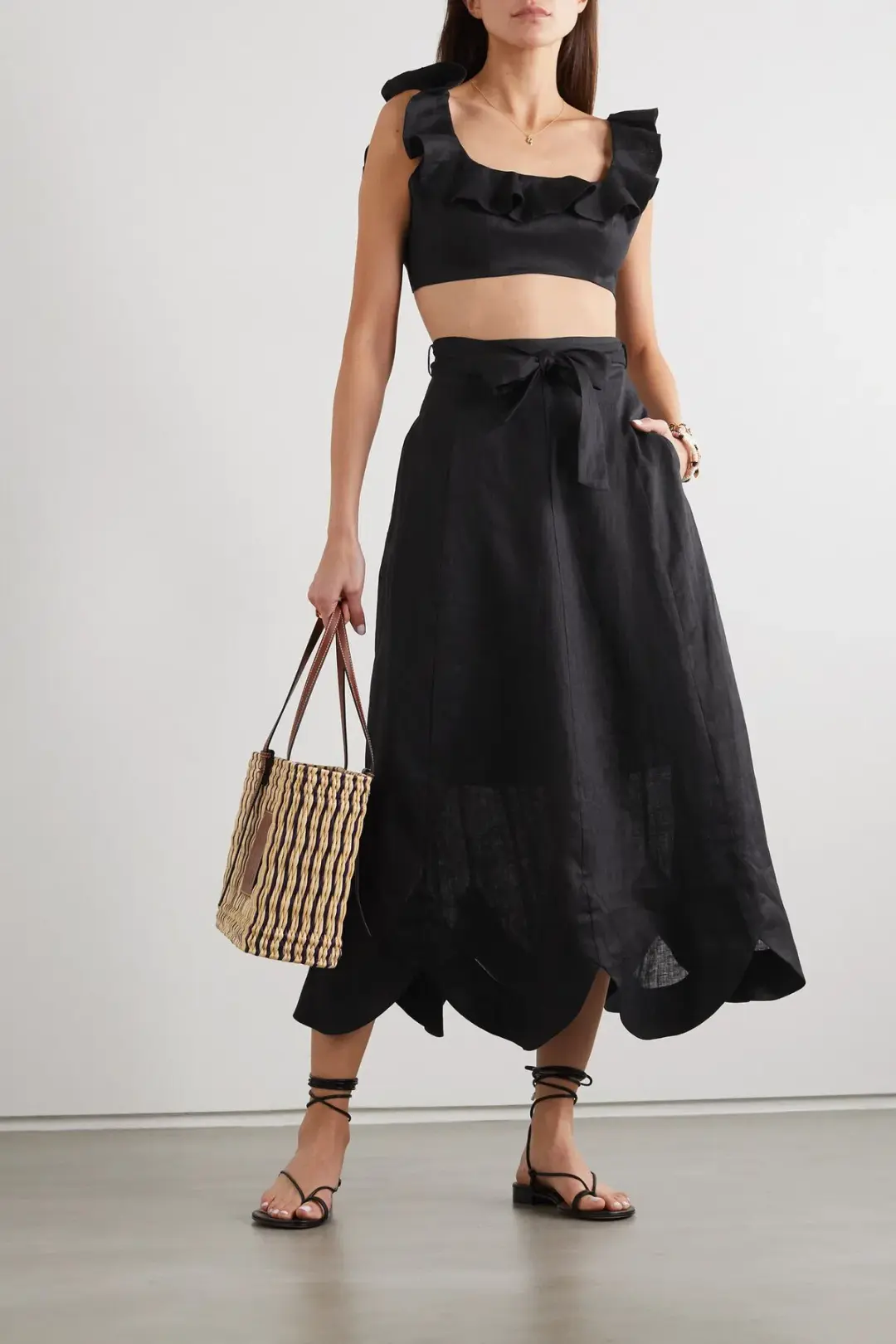 Zimmermann Riders Belted Scalloped Linen Midi Skirt and Bralette Set Black Size 1/AU 10 for rent on The Volte - main image