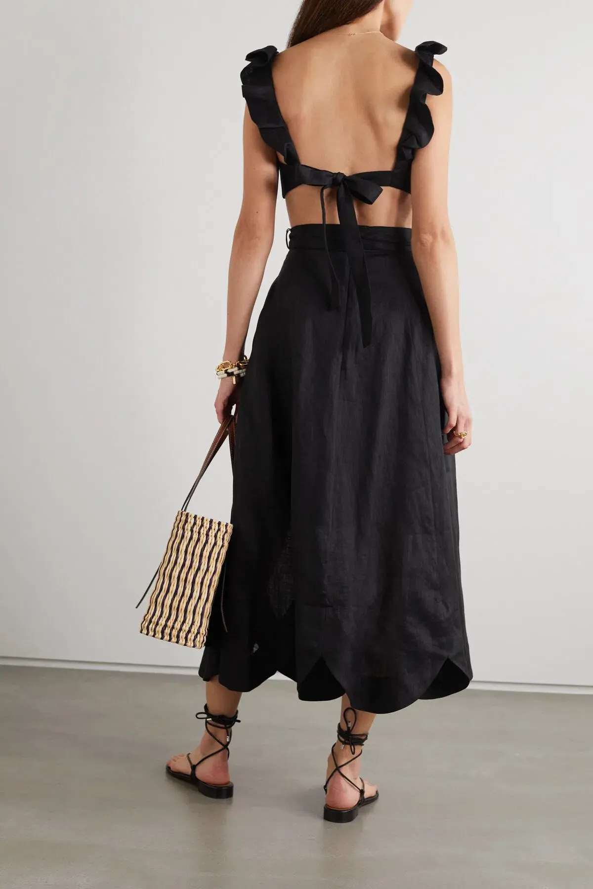 Zimmermann Riders Belted Scalloped Linen Midi Skirt and Bralette Set Black Size 1/AU 10 - Image 2