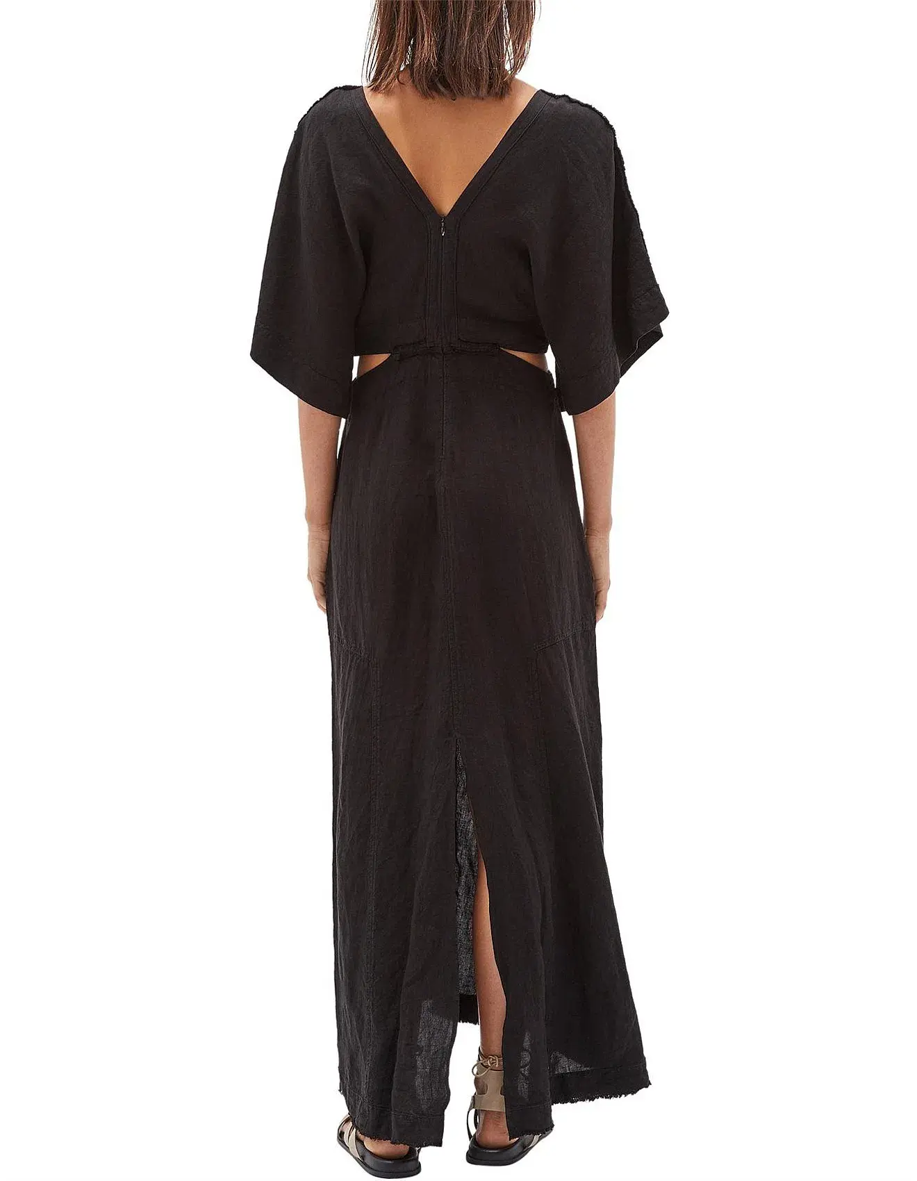 Bassike Linen V Neck Longerline Dress Black Size 12  - Image 2