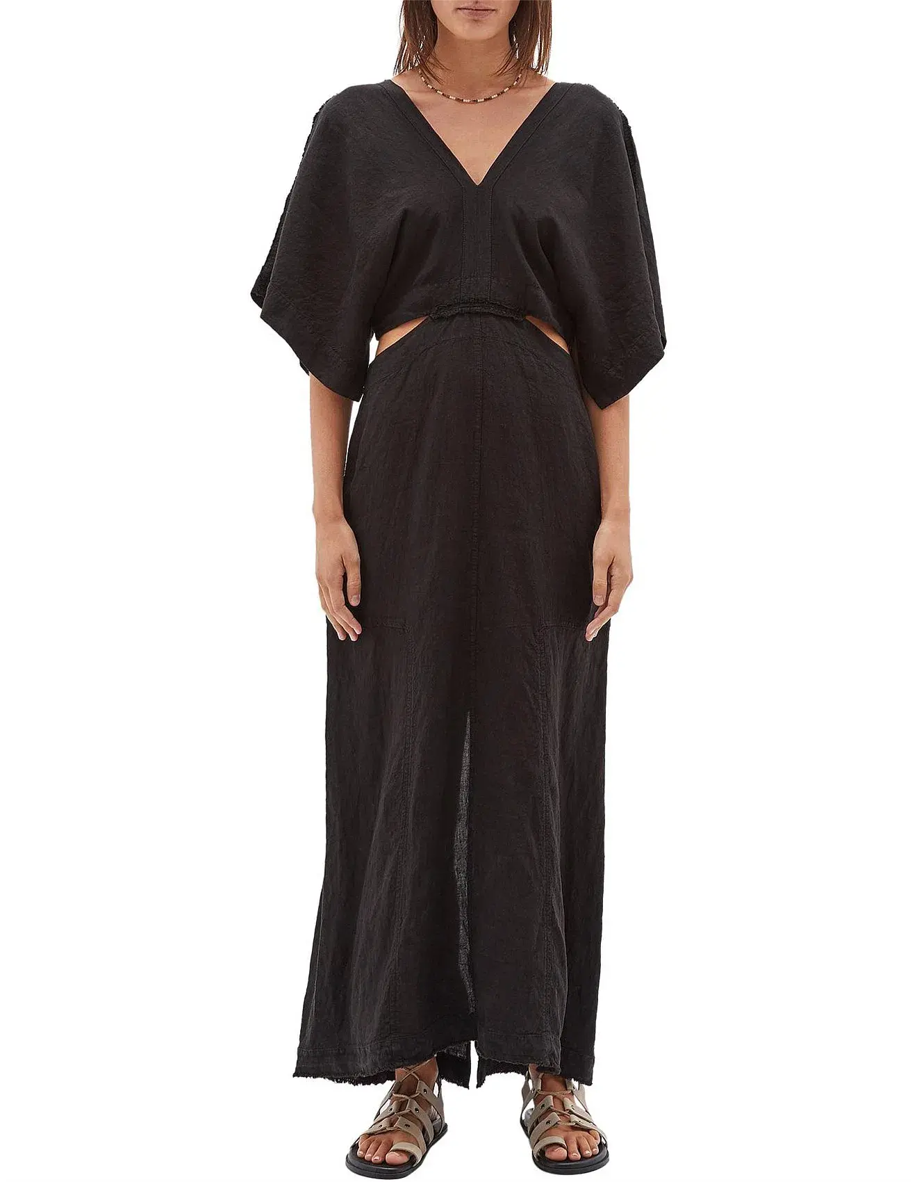 Bassike Linen V Neck Longerline Dress Black Size 12  - Image 1