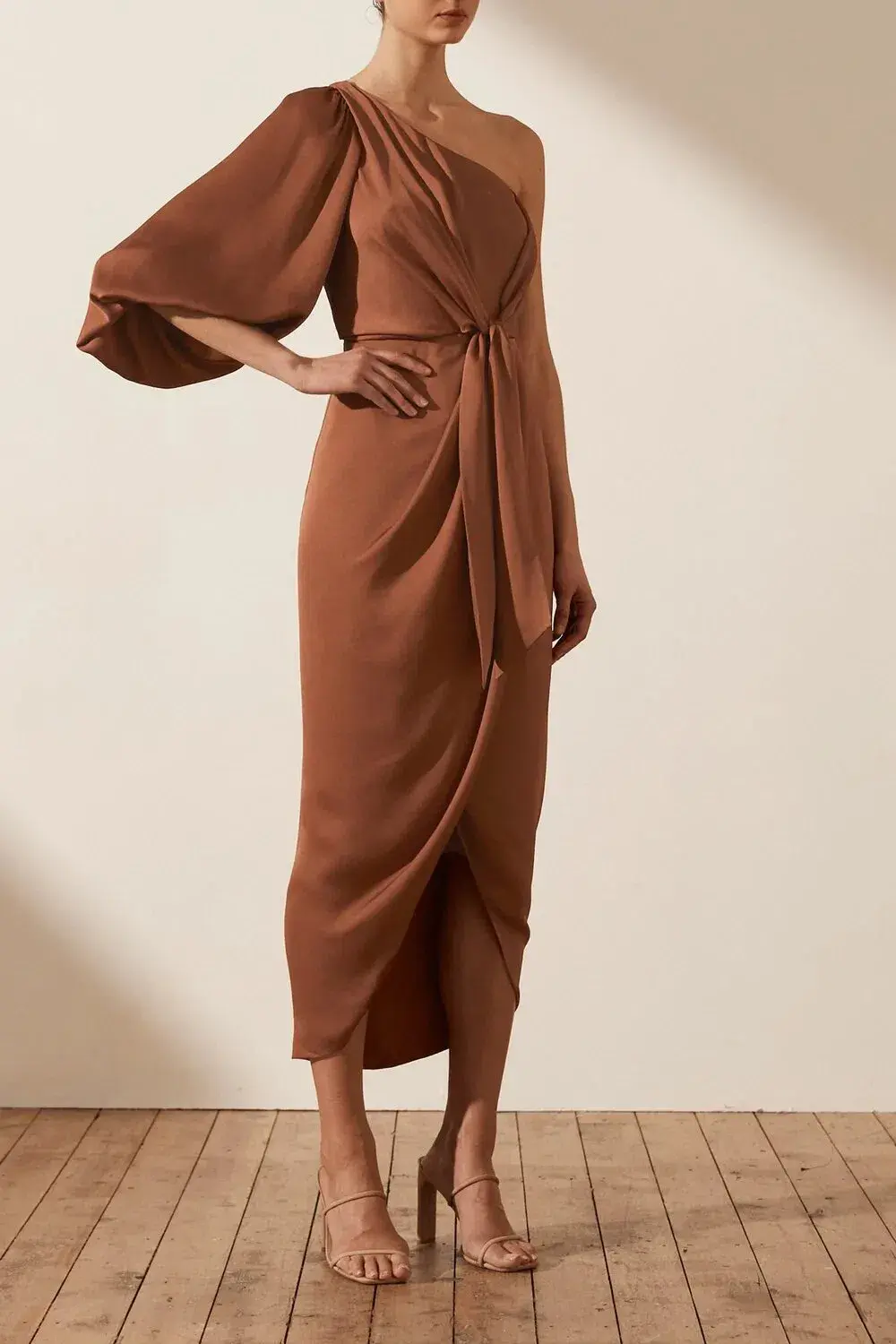 Shona Joy Luxe Tie Front One Shoulder Dress In Mocha Size 10 - Image 1