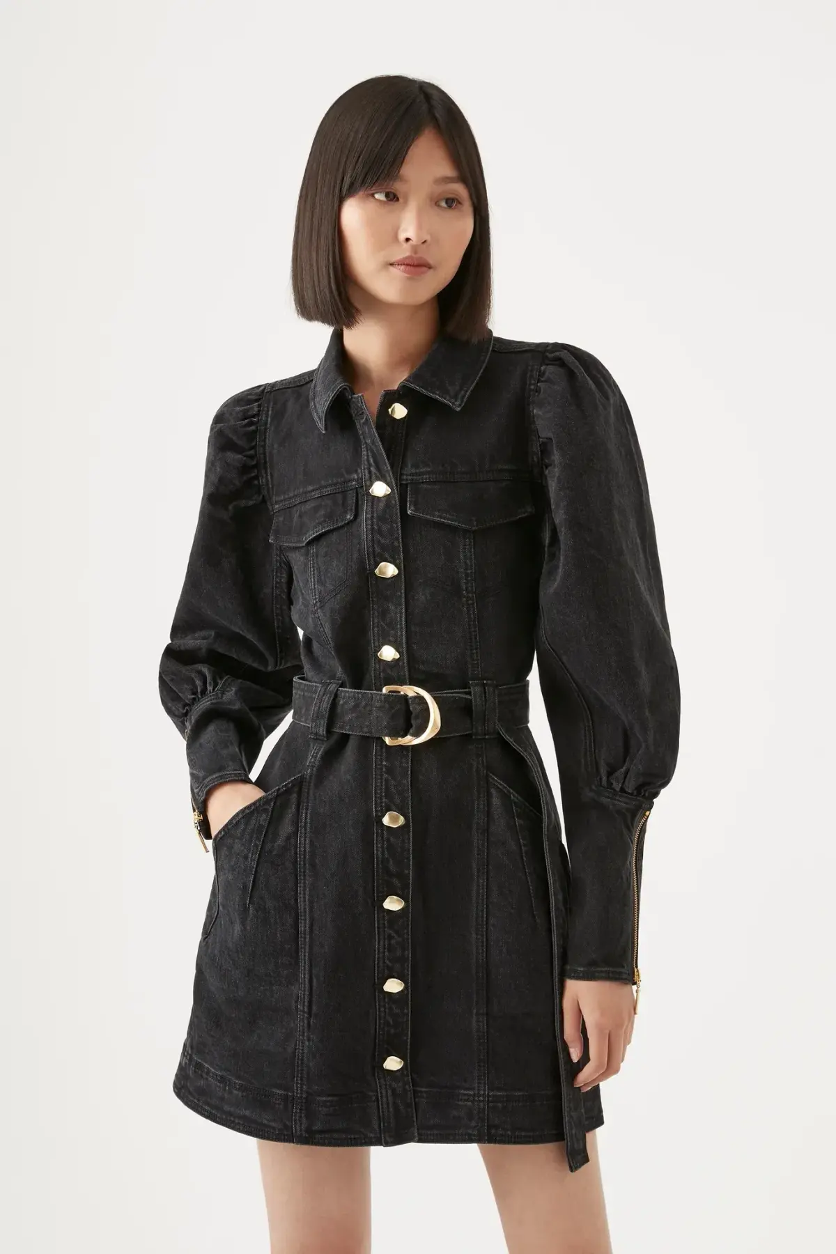 Aje Dione Denim Long Sleeve Mini Dress Black Size 8  - Image 2