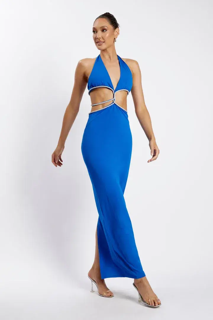 Meshki Nicha Diamante Cut Out Midi Dress Cobalt Blue Size 8 for rent on The Volte - main image