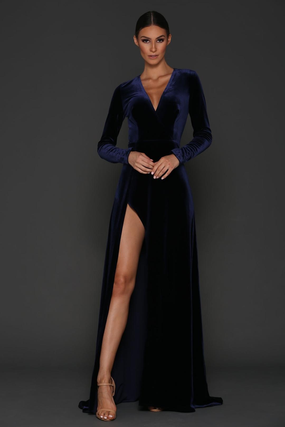 Elle Zeitoune Fontaine Velvet Dress Navy Size 8 for rent on The Volte - main image