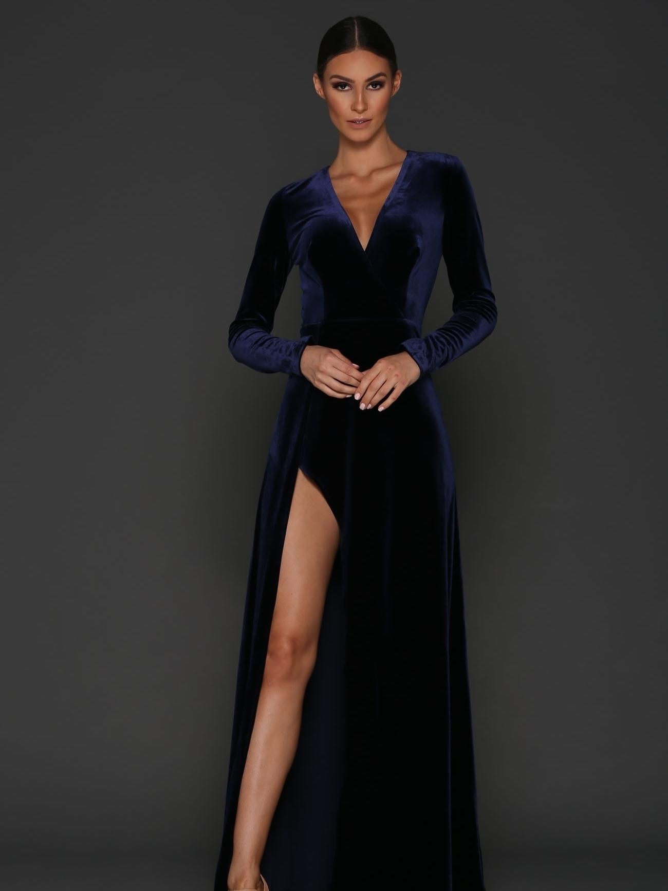 Elle Zeitoune Fontaine Gown Blue Velvet Size 14 - Image 3