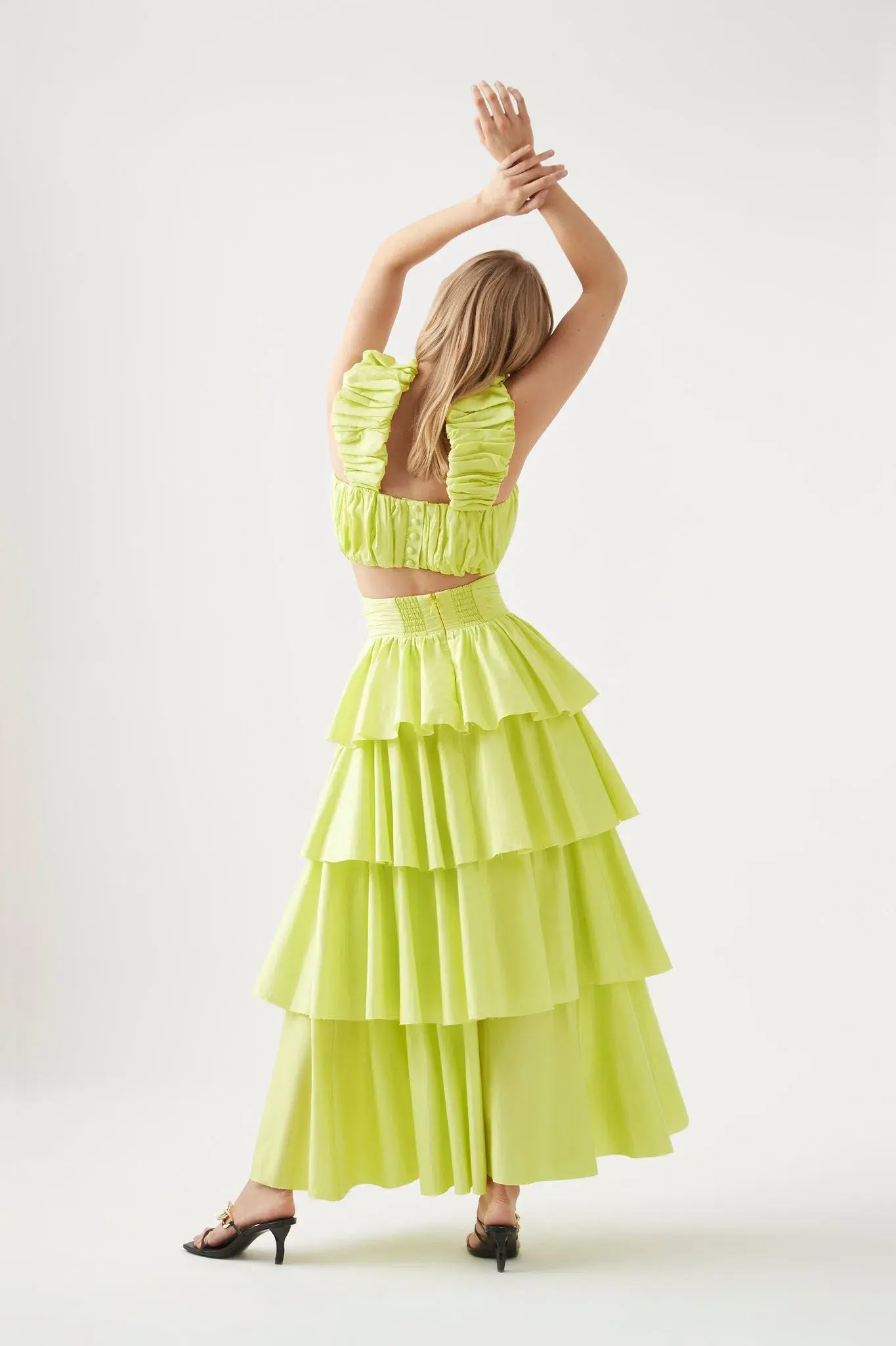 Aje Medina Ruched Cropped Top & Tiered Midi Skirt Set Yellow Size L / Au 12 - Image 3