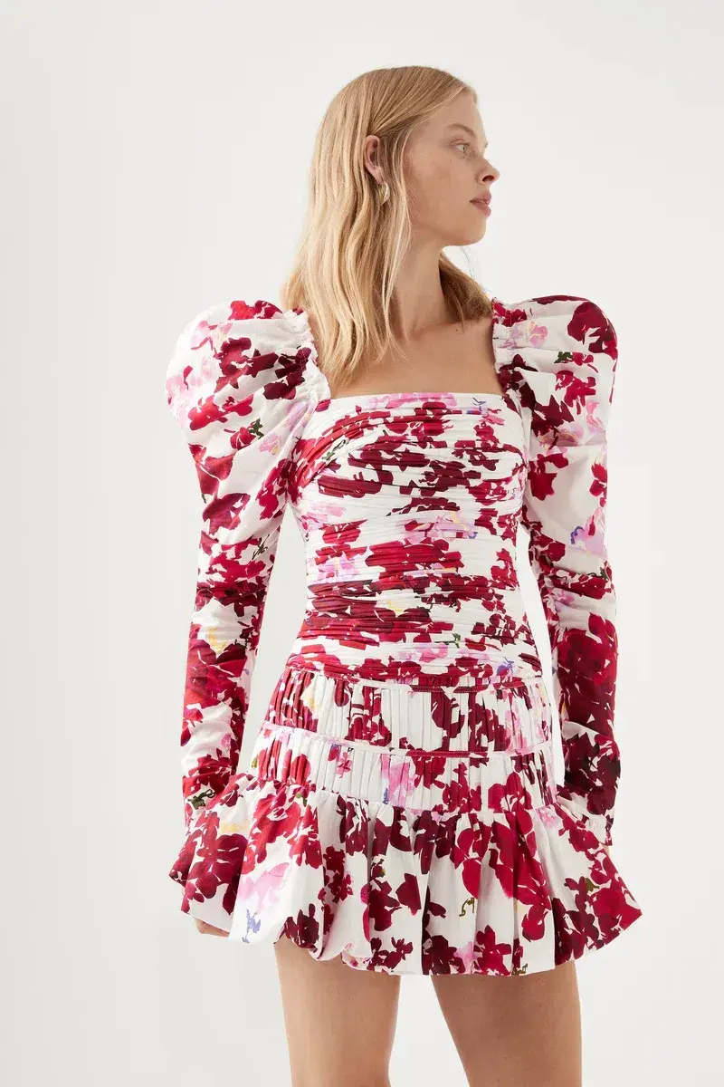 Aje Marlene Roses Ruched Top &  La Vie Bubble Mini Skirt Set  Roses of Provence Print Size 8  - Image 1