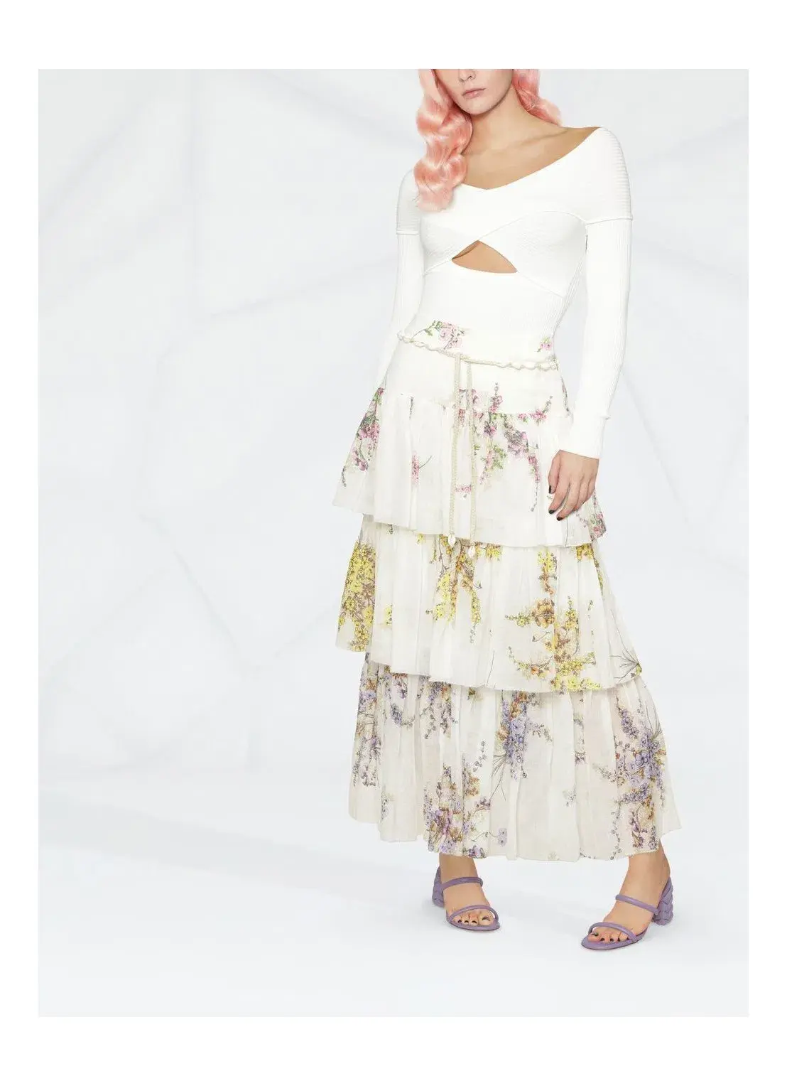 Zimmerman Jude Tiered Midi Skirt White Floral Size 2/ AU 12 - Image 3